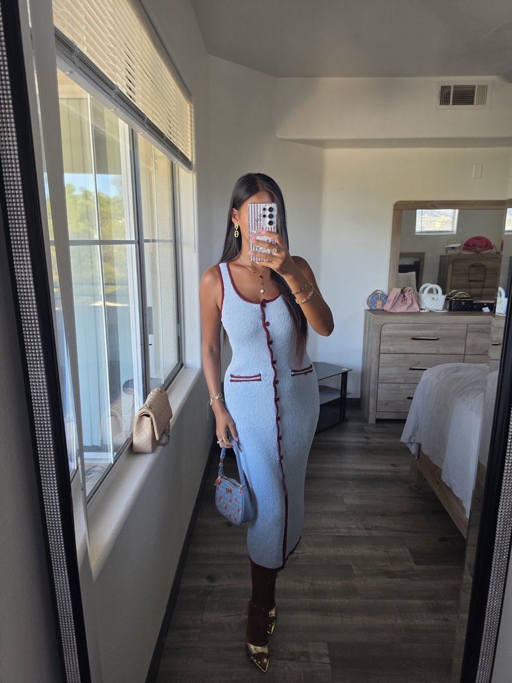 Light Blue Knit Midi Dress with Burgundy Trim Stretchy - Picture 8 of 17